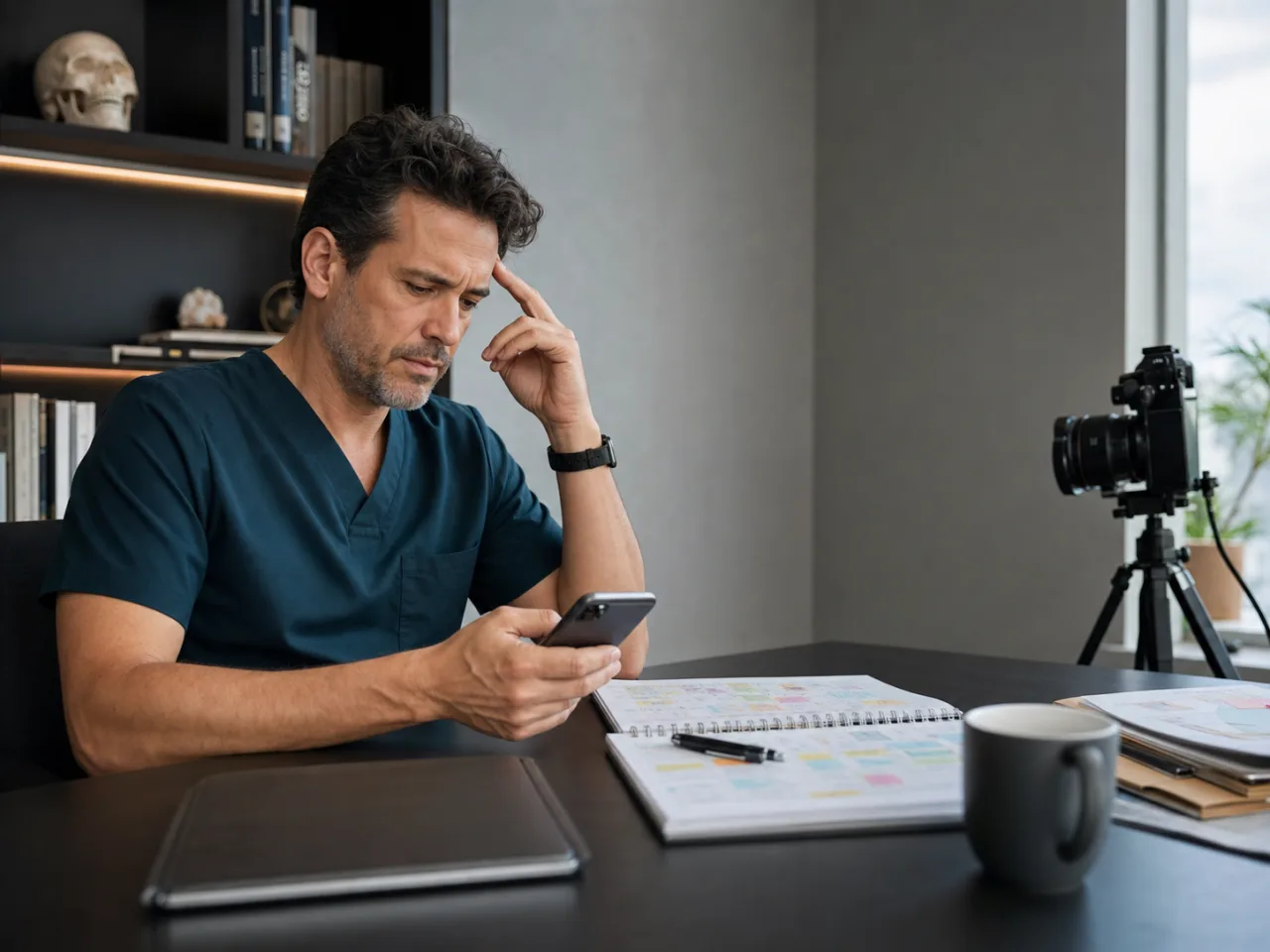 Médico cansado al intentar crear contenido después de su jornada clínica