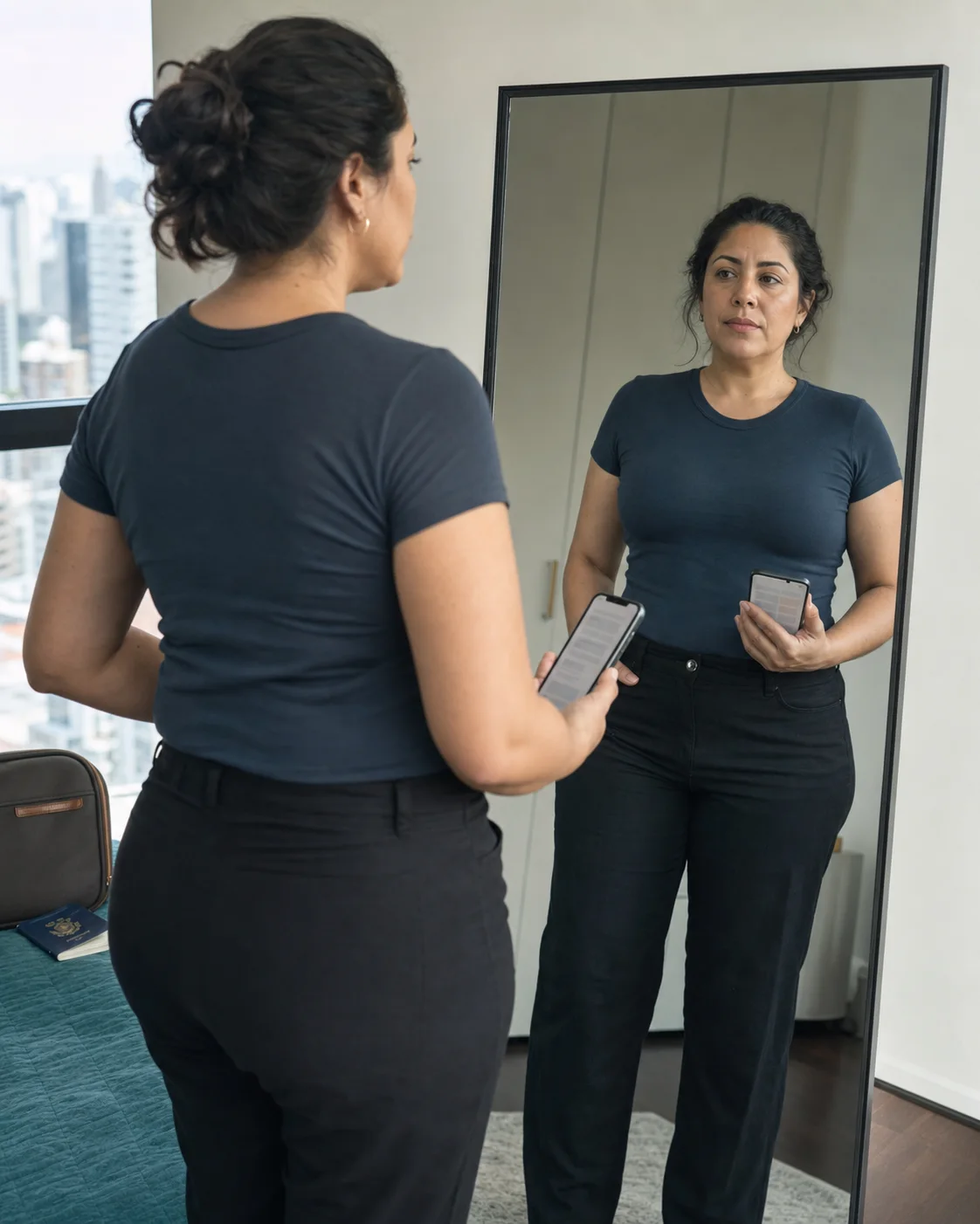 Mujer investigando doctores internacionales desde su teléfono mientras observa su reflejo